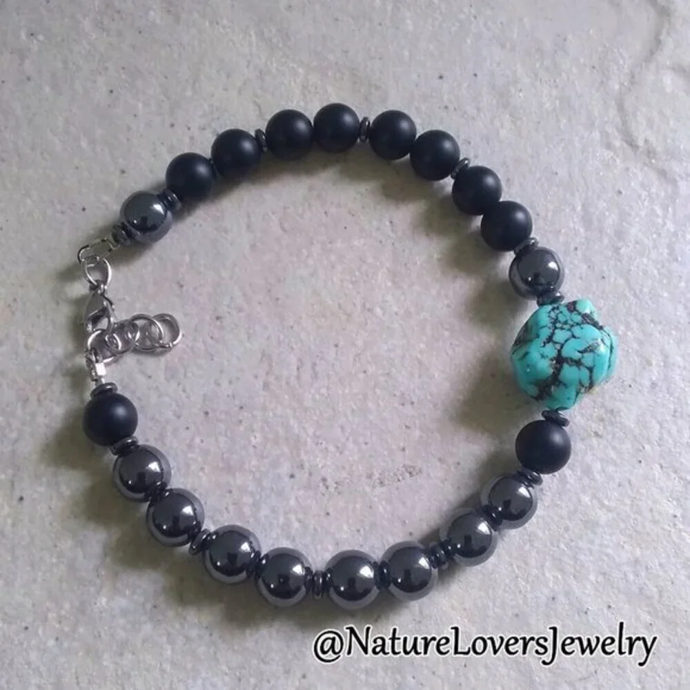 Sexy & Sleek! Men's Hematite + Black Stone Bracelet - Father's Day Gift for Him!